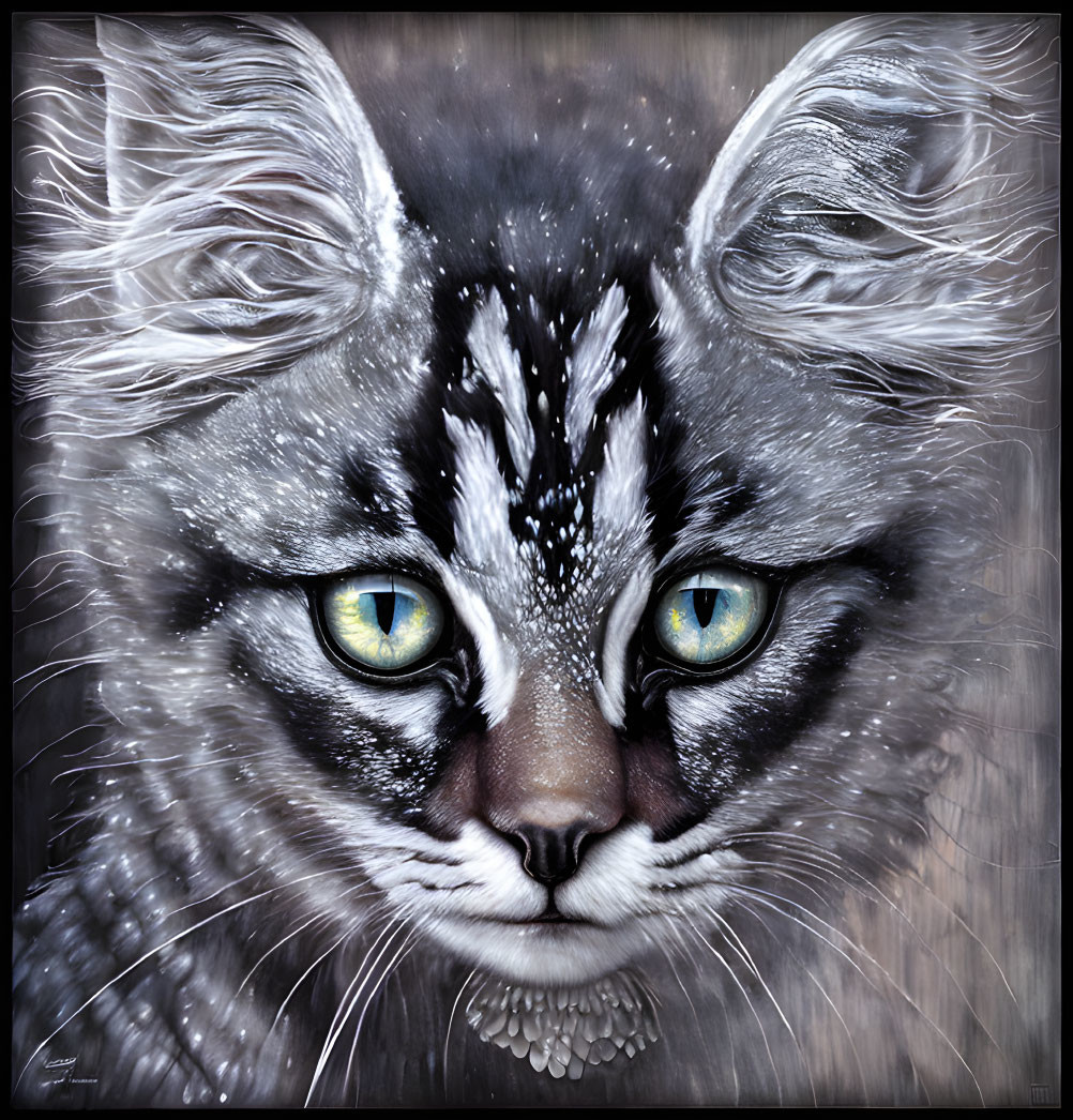 Detailed digital artwork of a cat with intricate fur patterns and blue eyes.