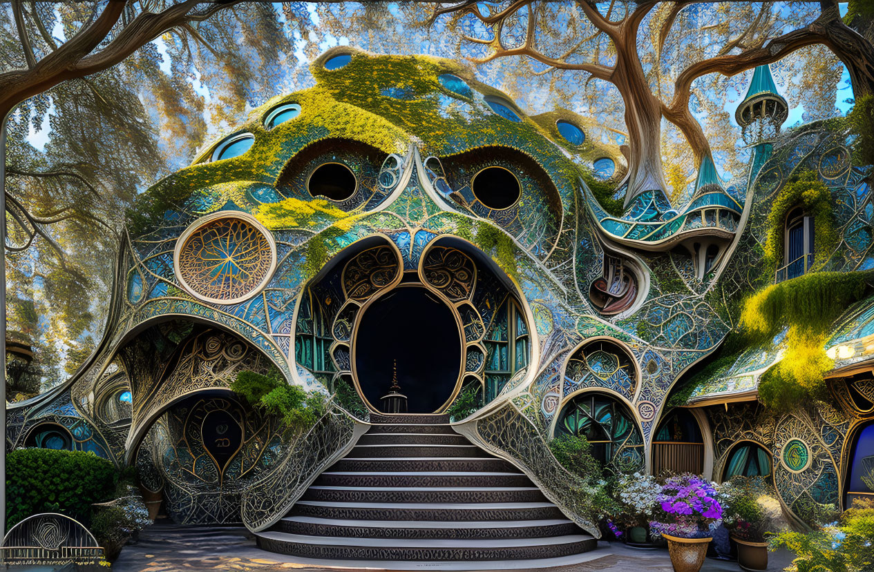 Fantasy-themed structure with organic shapes and vibrant mosaics set under a canopy of trees