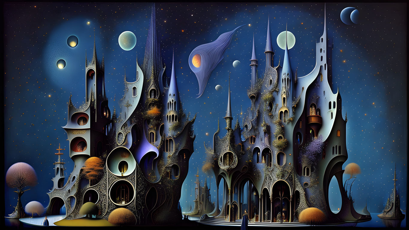 Fantastical cityscape with whimsical towers under starry sky