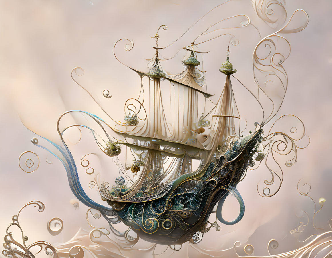 Fantastical ship with intricate designs floating in clouds