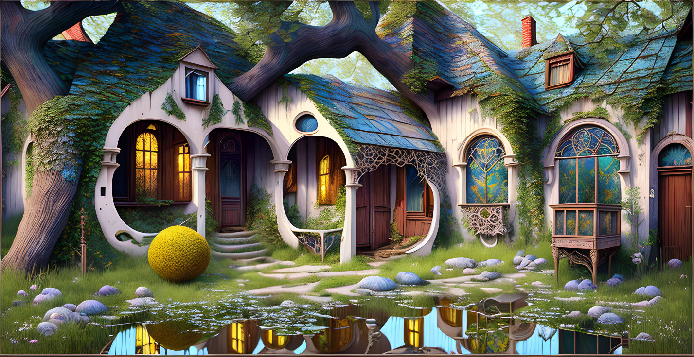 Whimsical woodland cottage with reflective pond and oversized fruit.