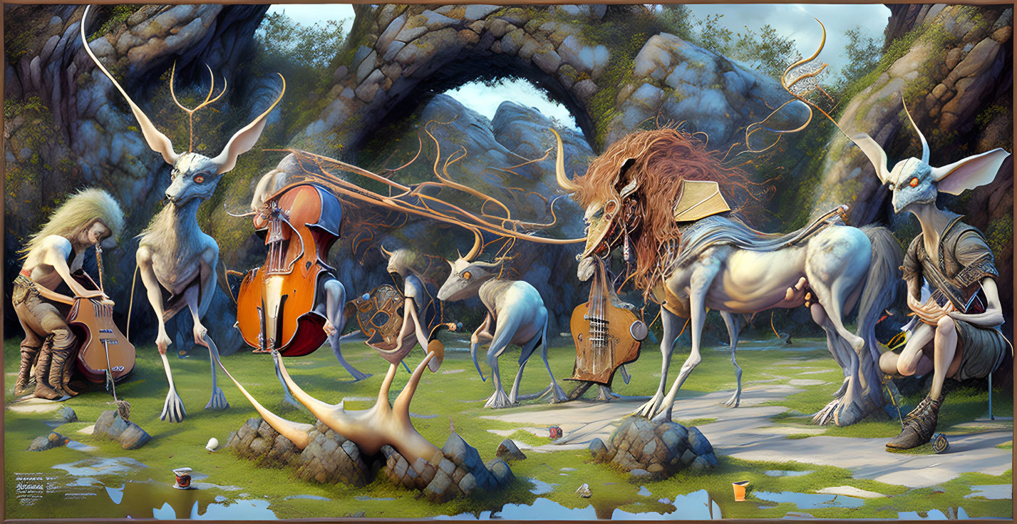 Anthropomorphic animals playing instruments in mystical forest