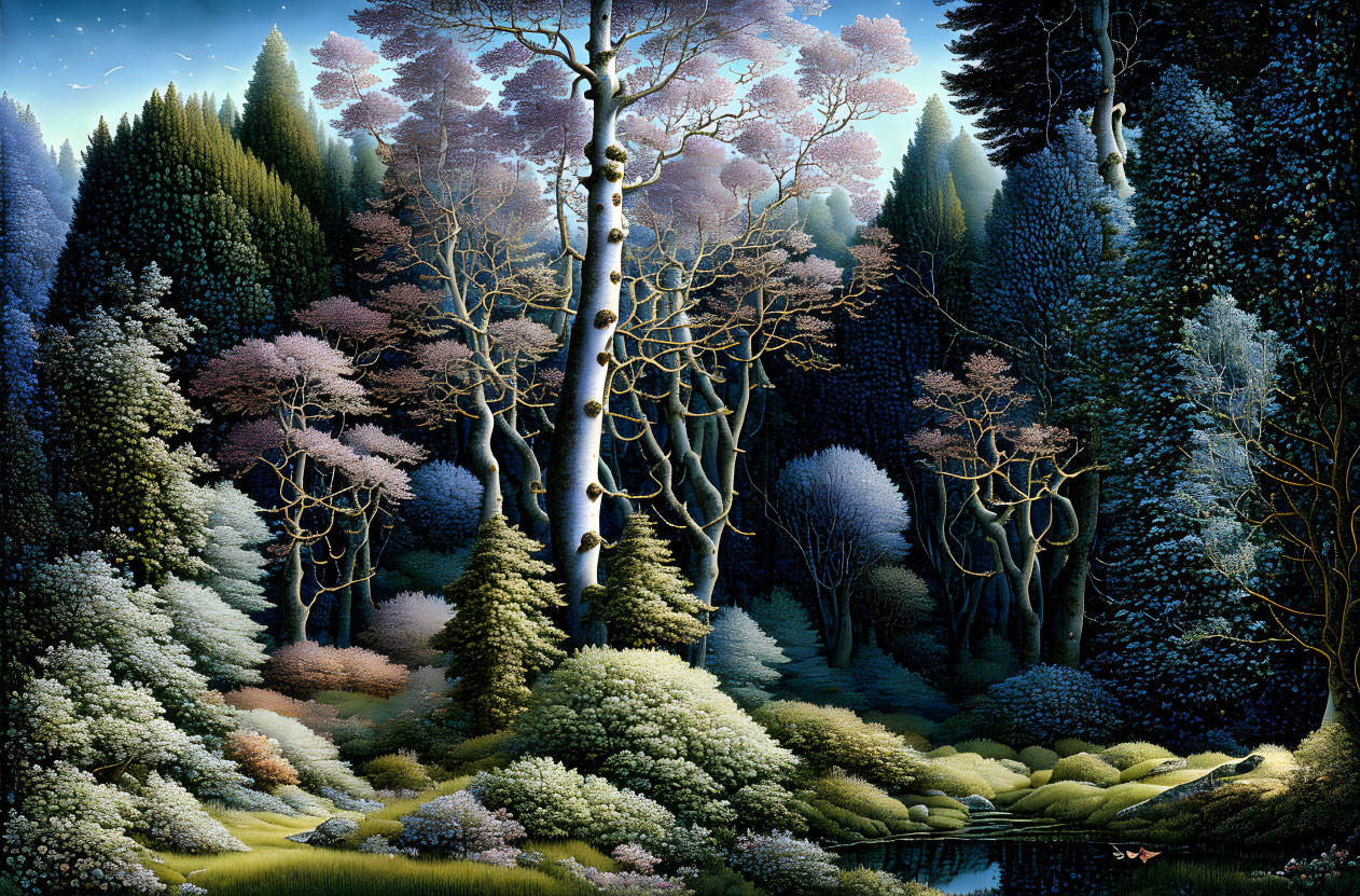 Enchanting forest with white bark and pink leaves under soft light