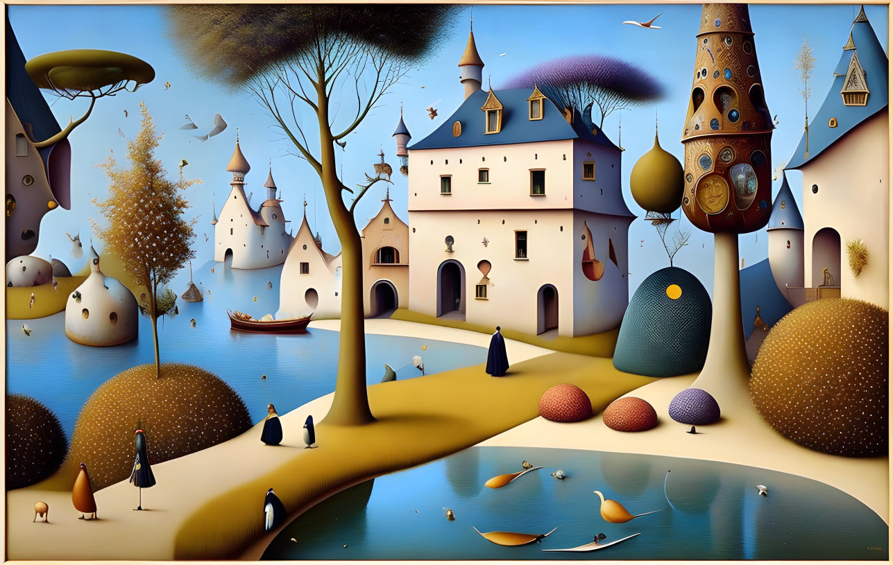 Stylized fairytale landscape with castles, trees, and creatures by calm waters