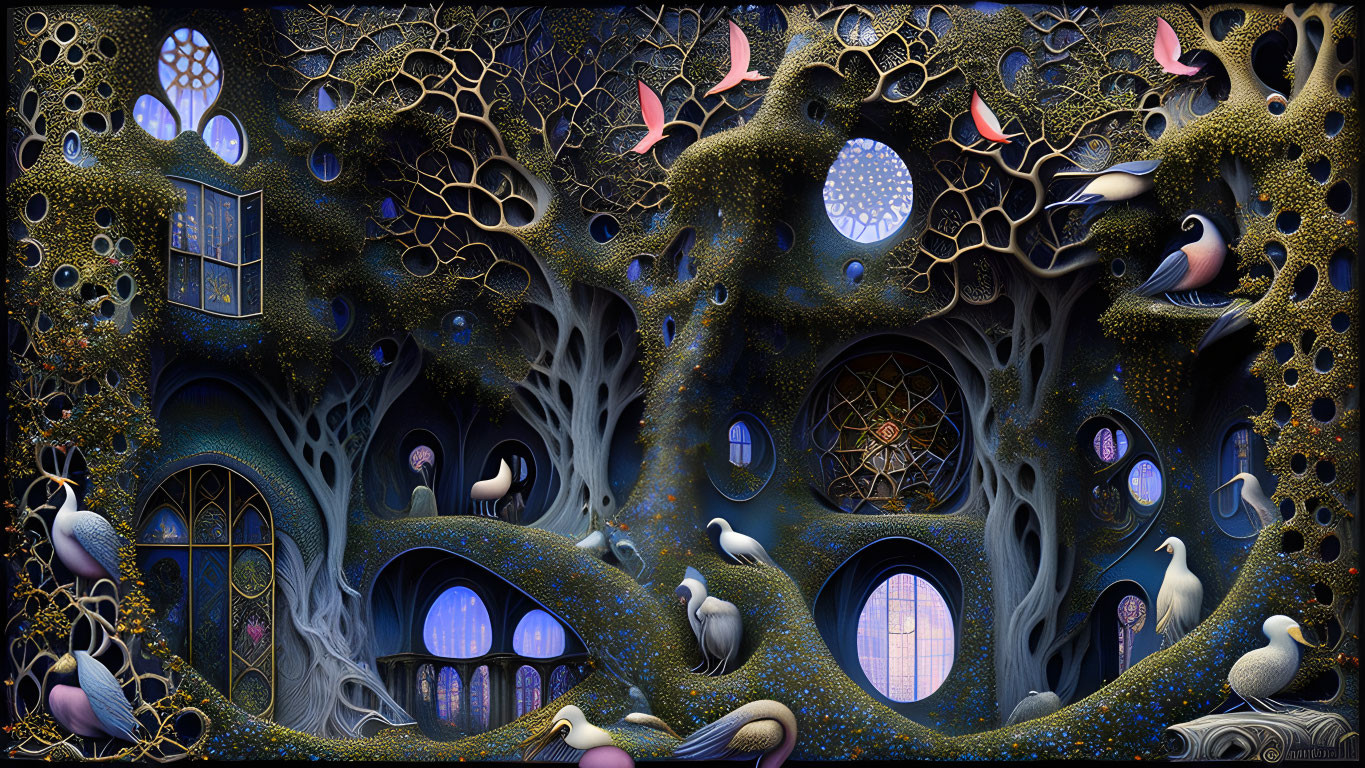 Intricate Artwork: Whimsical Tree with House-like Openings and Colorful Birds