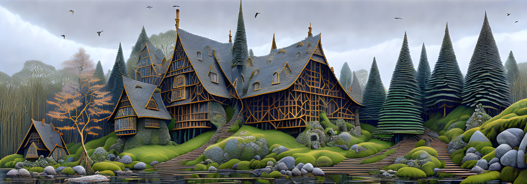 Ornate wooden house in fantasy landscape with spiral trees