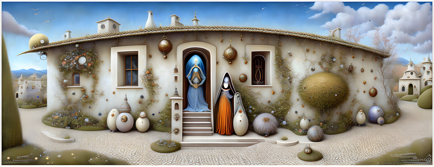 Whimsical surrealistic painting of round houses with robed figures under dreamy sky