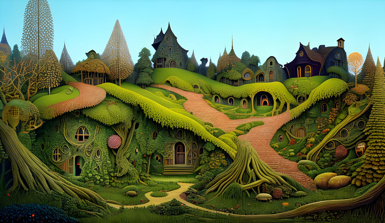 Whimsical landscape with rolling hills and fantastical houses