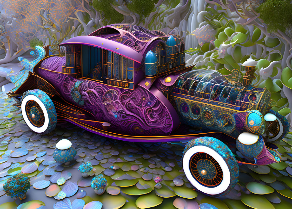 Colorful, intricate car on lily pads in surreal floral landscape