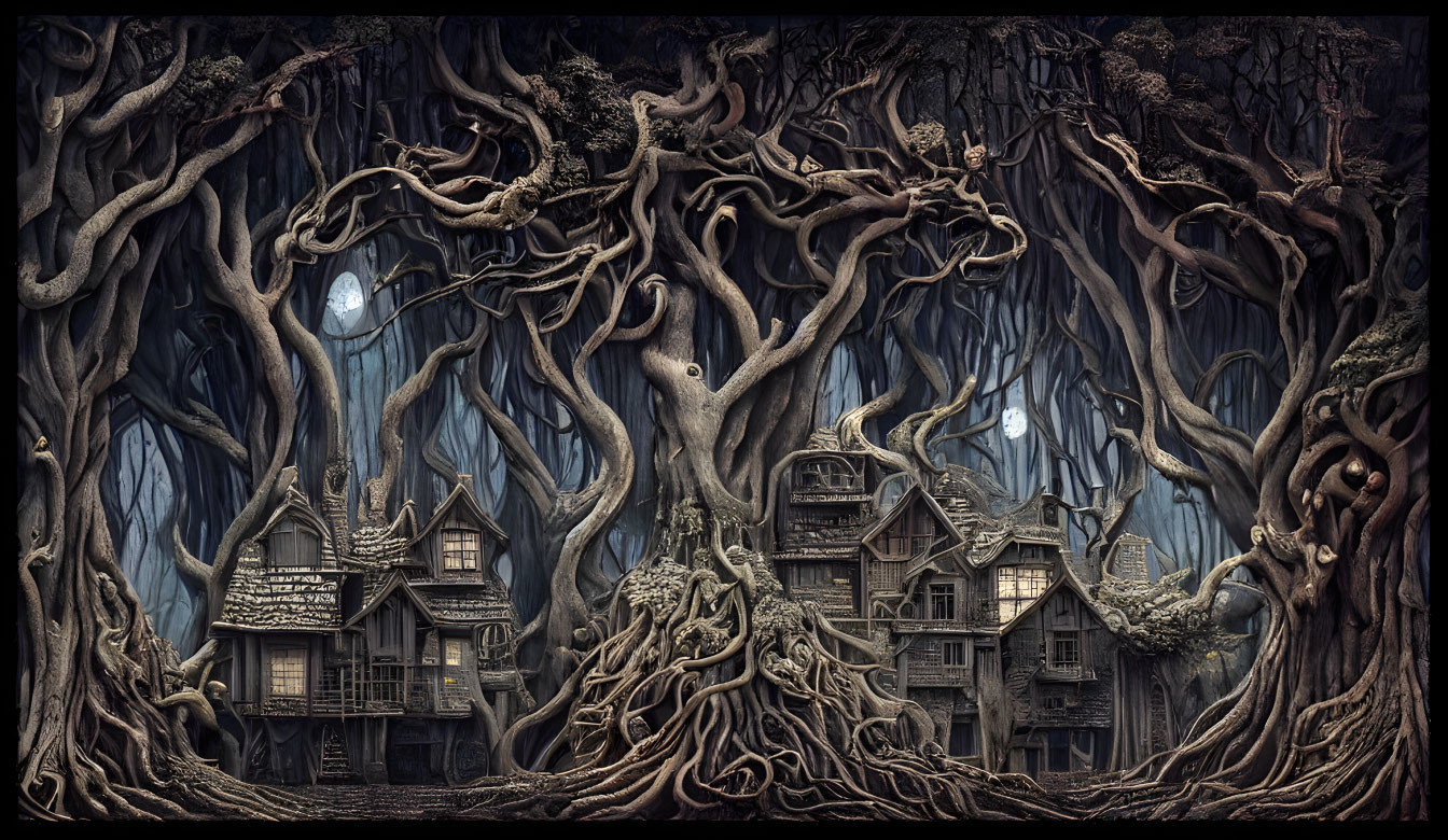 Fantasy forest scene with gnarled trees, wooden houses, and moonlight.