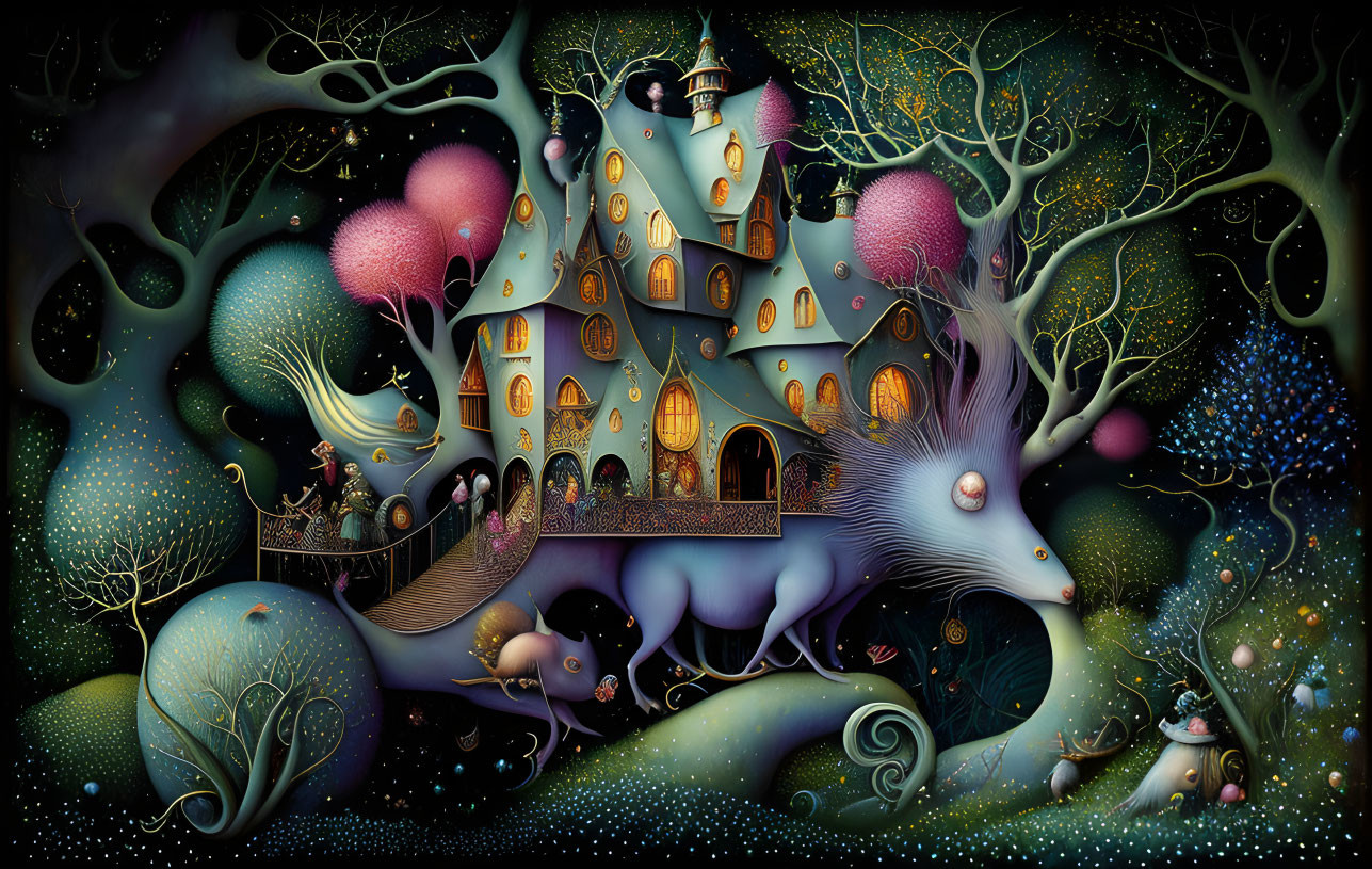 Whimsical treehouse in colorful fantasy landscape