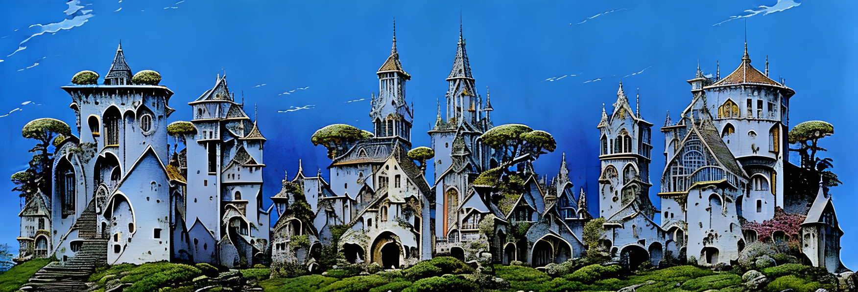 Fantastical castle complex with spires, arches, and bridges in lush greenery under a