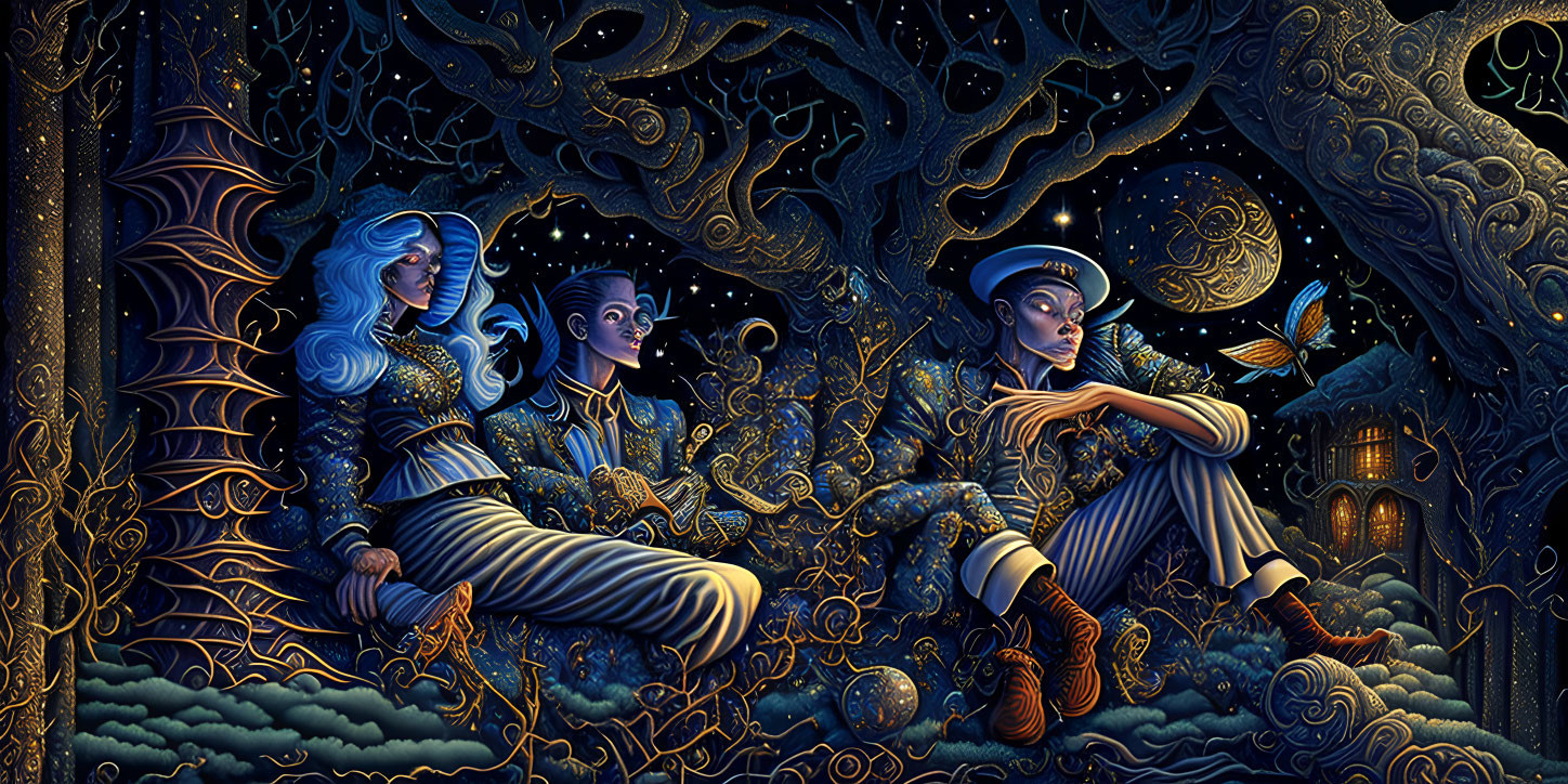 Three People Sitting Among Clouds in Celestial Night Sky with Striped Clothing