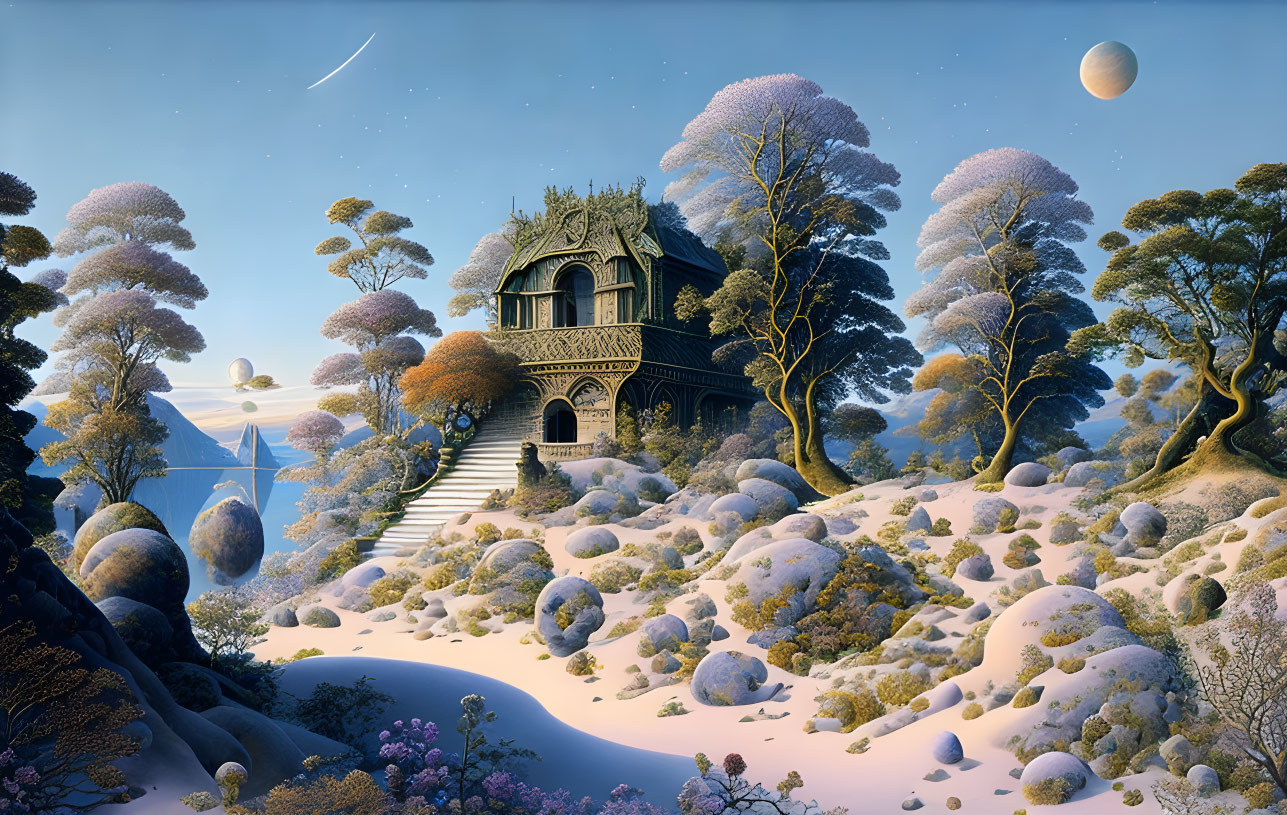 Detailed winter house in snowy twilight with planet and shooting star