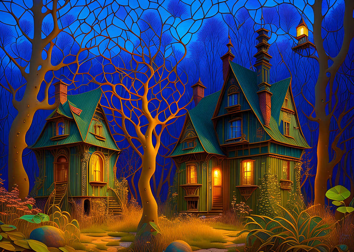 Victorian-style houses in whimsical night scene