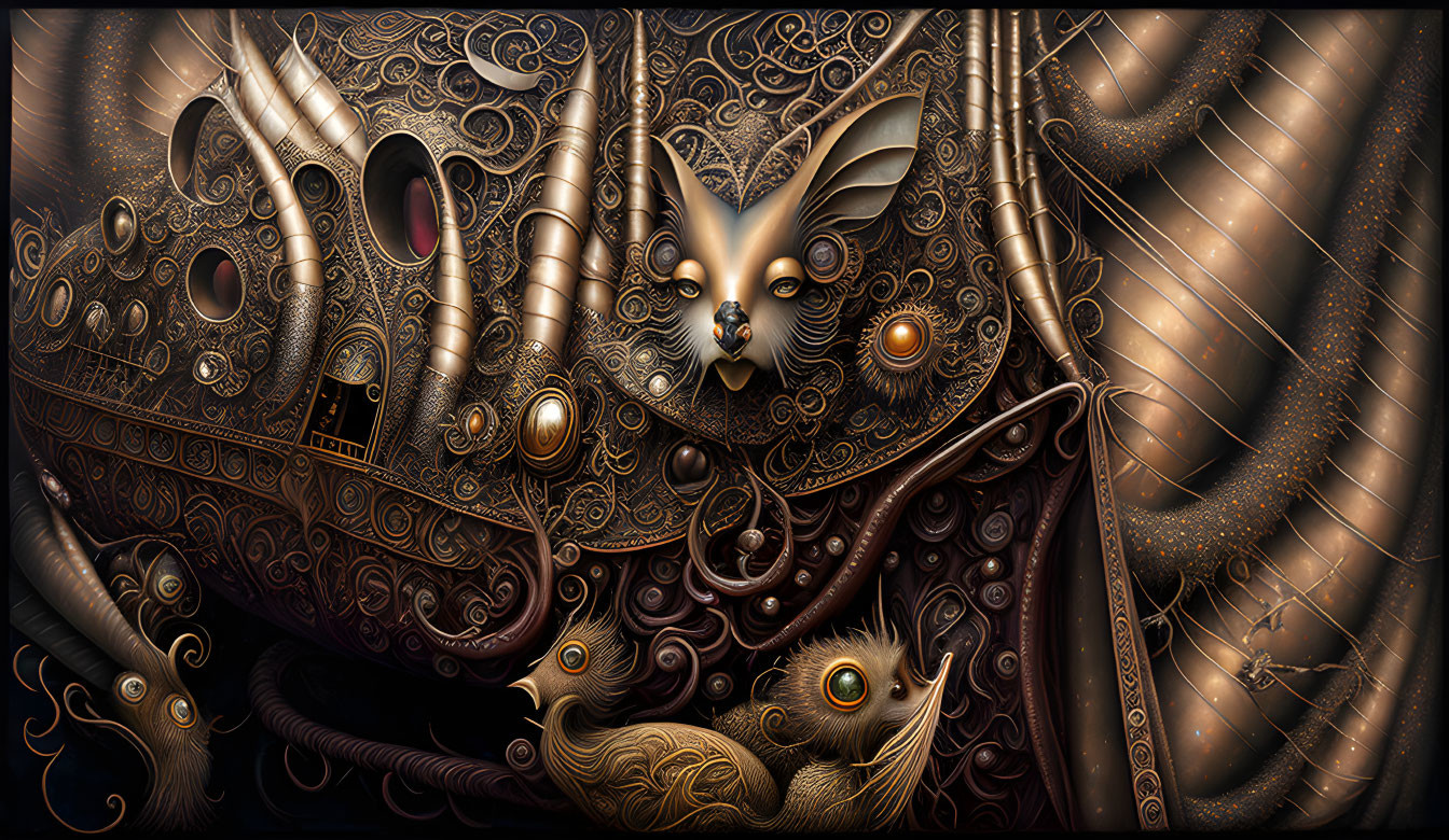 Detailed Steampunk Style Artwork: Large Mechanical Hare with Ornate Gears and Small H