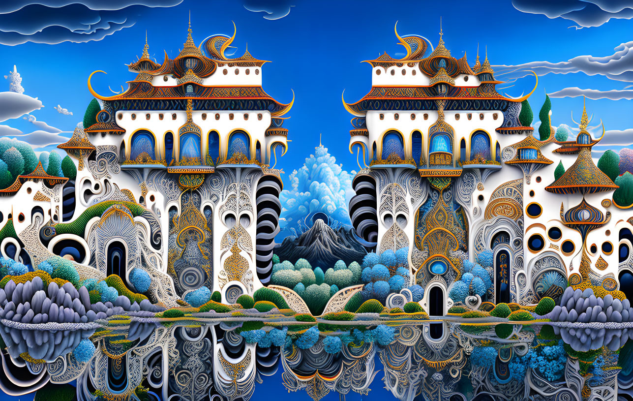 Symmetrical palace-like buildings in fantastical landscape with reflection