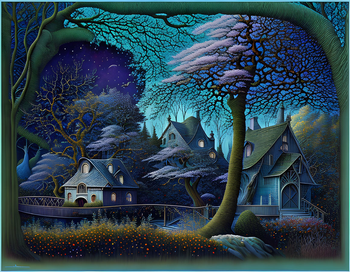 Whimsical village painting with starry skies and vibrant nature