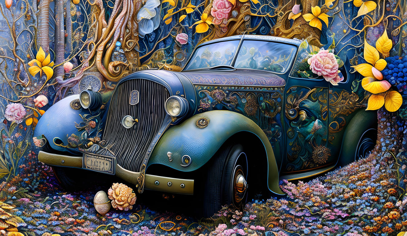 Classic Car Artwork with Elaborate Floral Pattern in Vibrant Colors