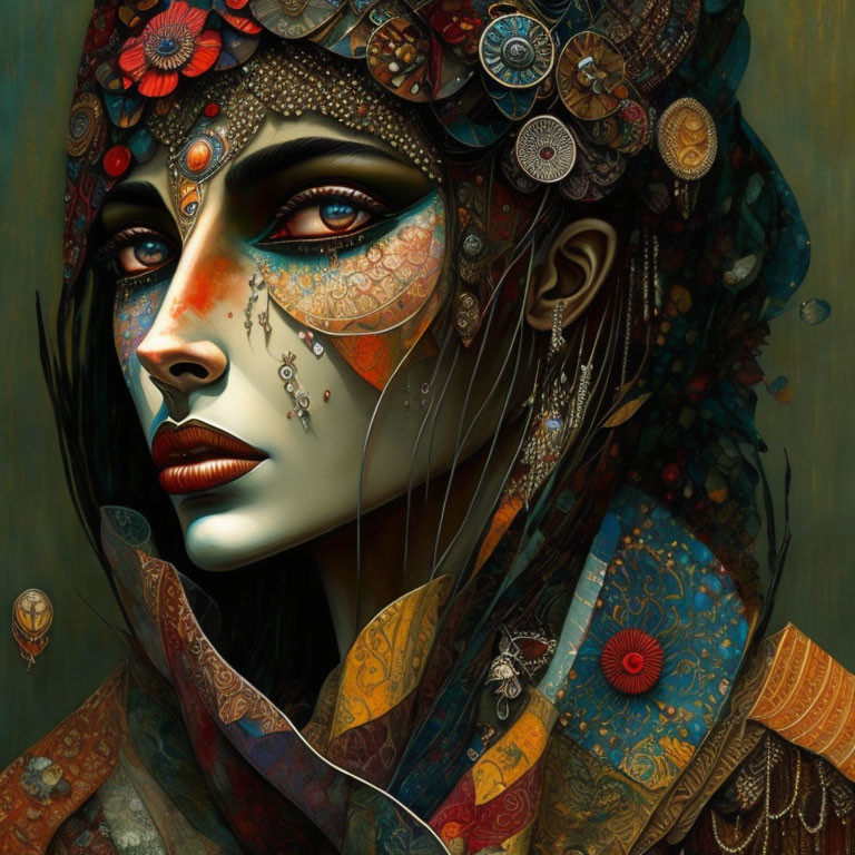 Colorful digital painting of a woman in ethnic jewelry with rich, warm textures