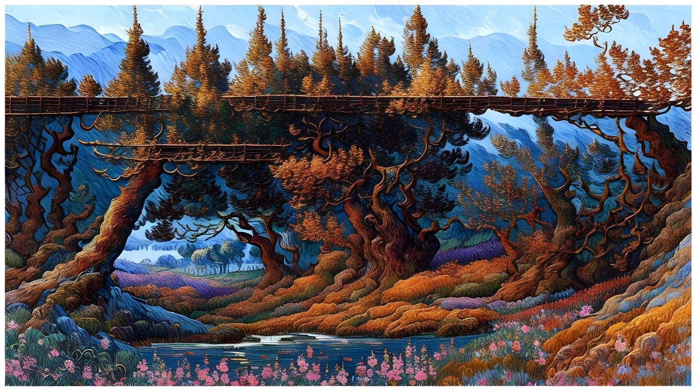 Colorful forest painting with twisted trees and railway bridge in autumn scenery.