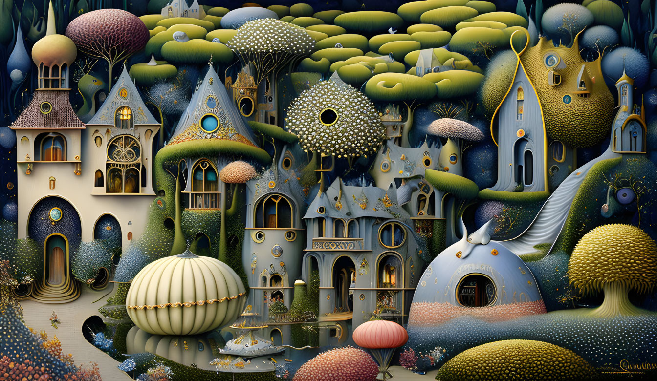 Whimsical landscape with surreal buildings and mushroom structures