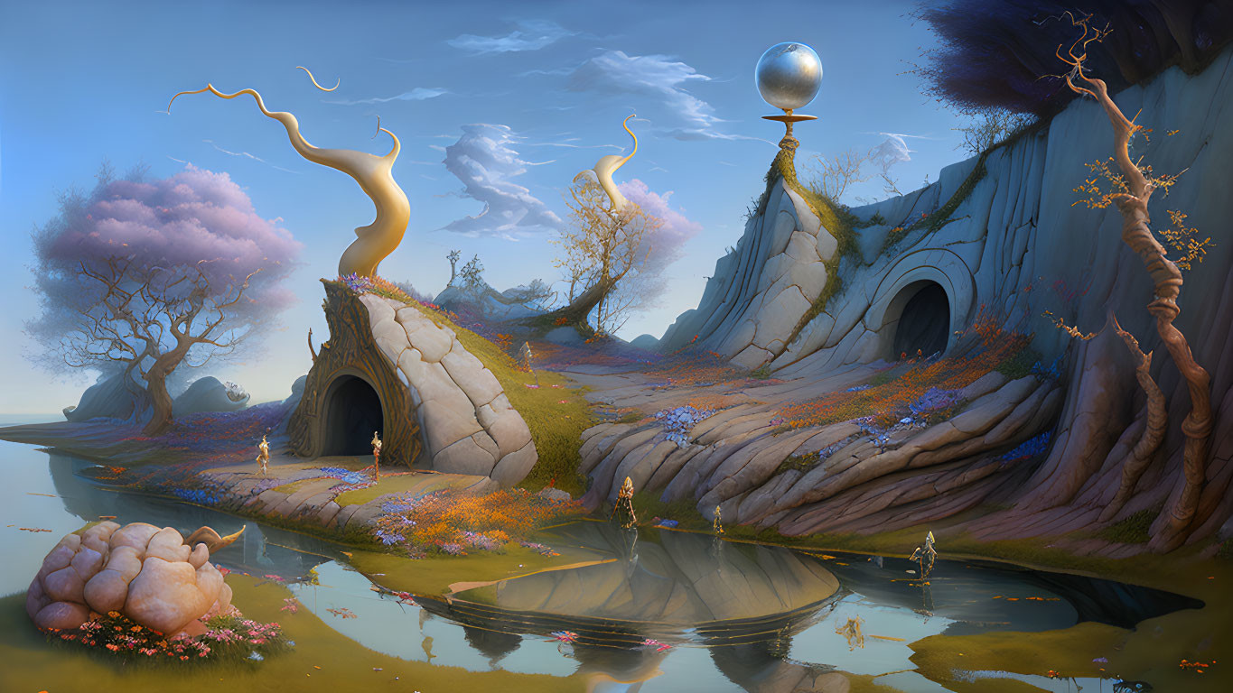 Whimsical surreal landscape with floating orb and stone arches