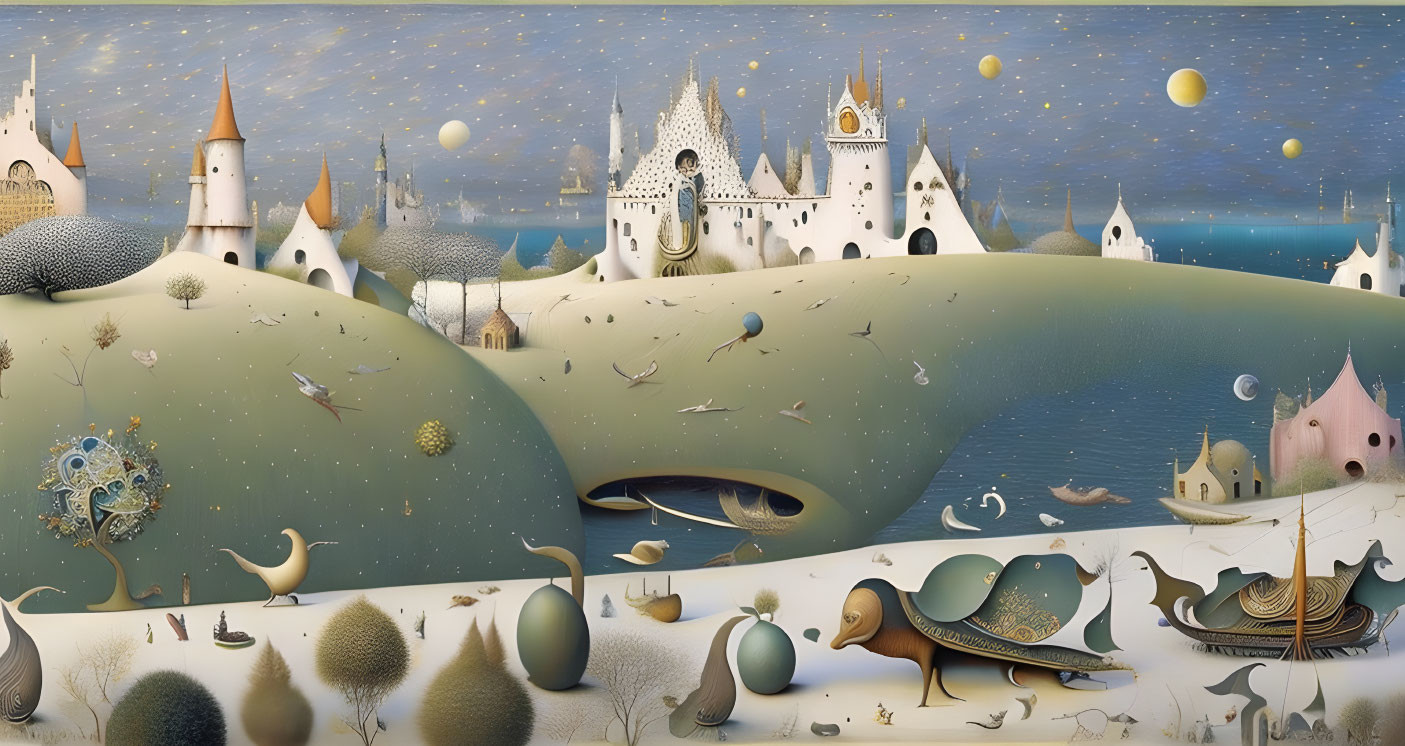 Whimsical fantasy landscape with castles, hills, ships, fish, birds, and moons