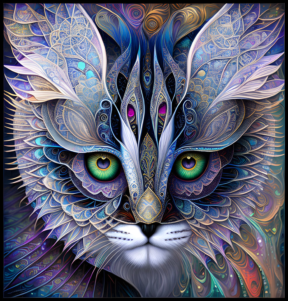 Colorful digital artwork of stylized cat with patterned fur and green eyes.