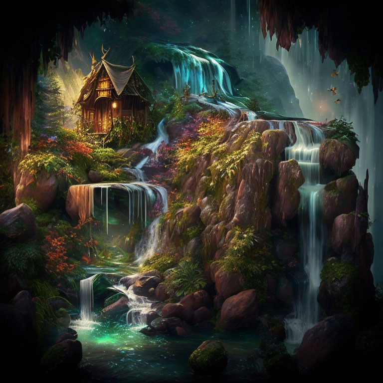 Enchanting forest scene with house on waterfall amid lush greenery