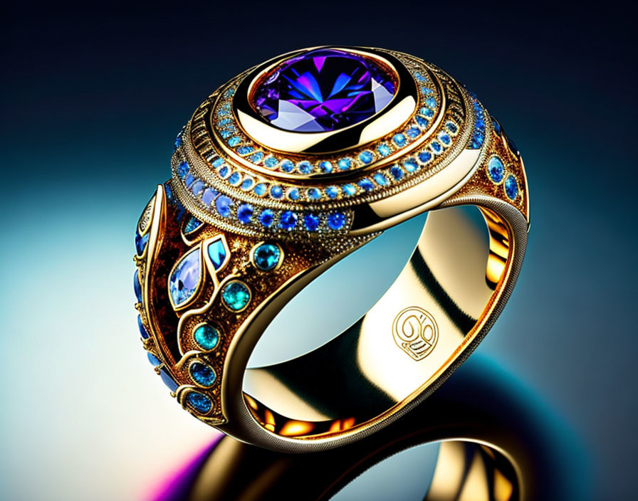 Luxurious Gold Ring with Purple Gemstone and Intricate Blue & Turquoise Patterns