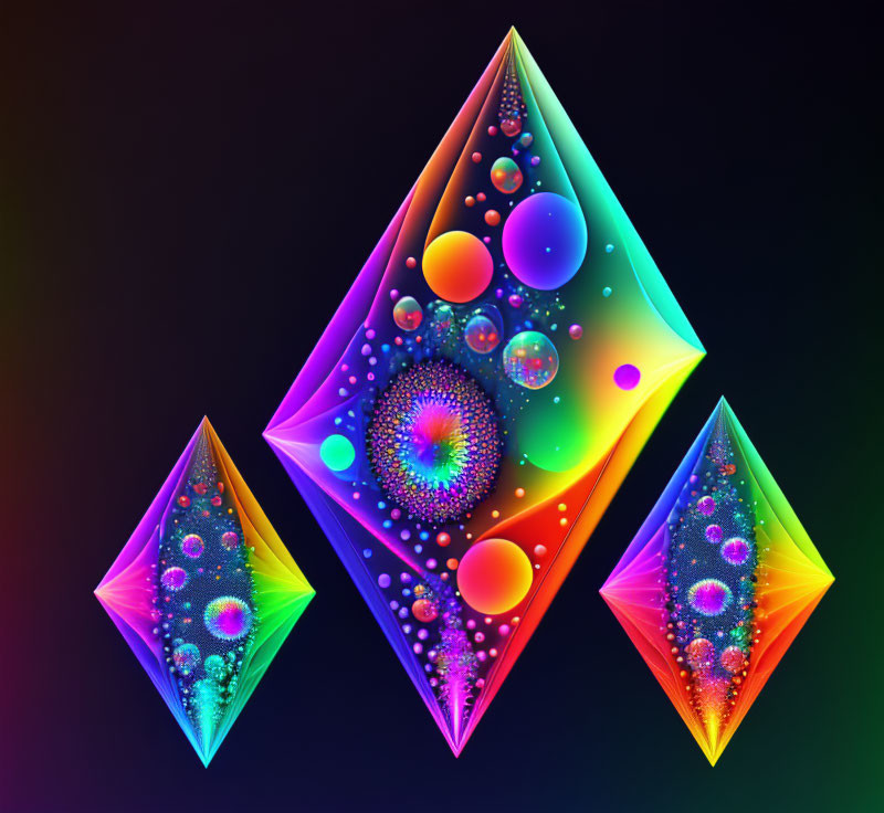 Colorful fractal diamonds with intricate patterns and bubbles on dark backdrop