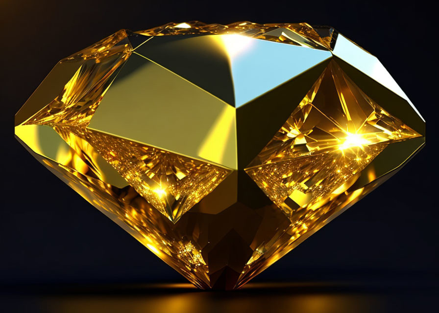 Golden brilliant-cut diamond shines on dark background