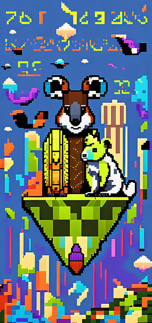 Vibrant pixelated kangaroo and koala art on floating island