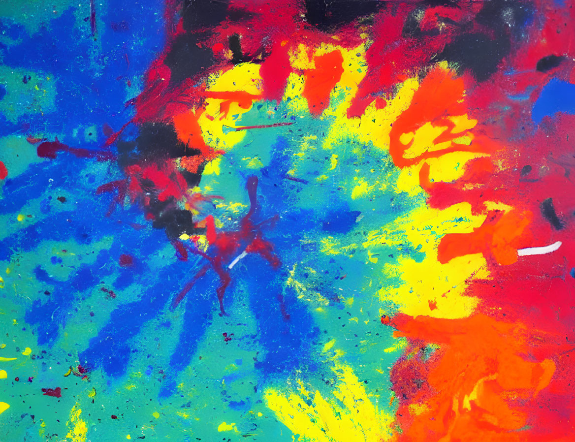 Colorful Abstract Painting with Blue, Red, Yellow, and Black Splashes