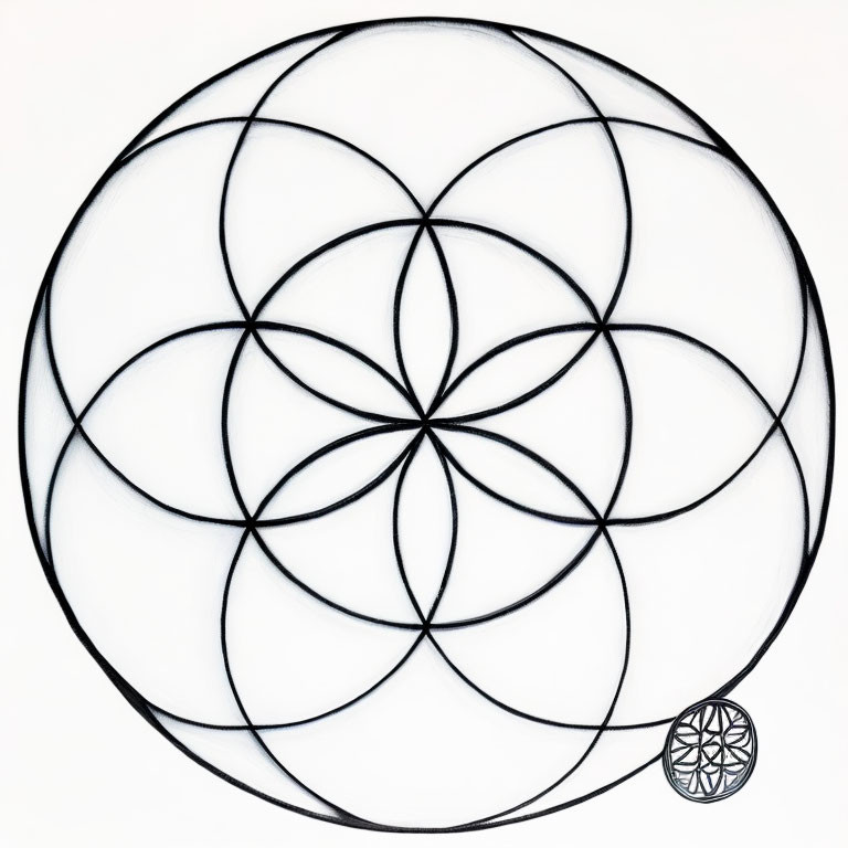 Monochrome Seed of Life pattern in large circle with smaller design adjacent