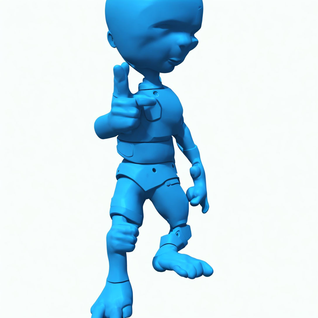 Blue 3D character with sly expression pointing forward, wearing shorts