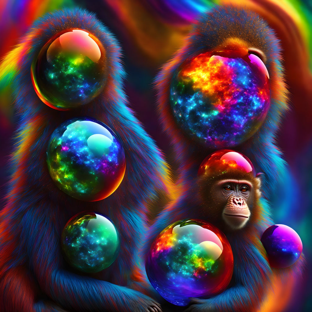 Colorful digital artwork of mandrill with cosmic orbs on rainbow background