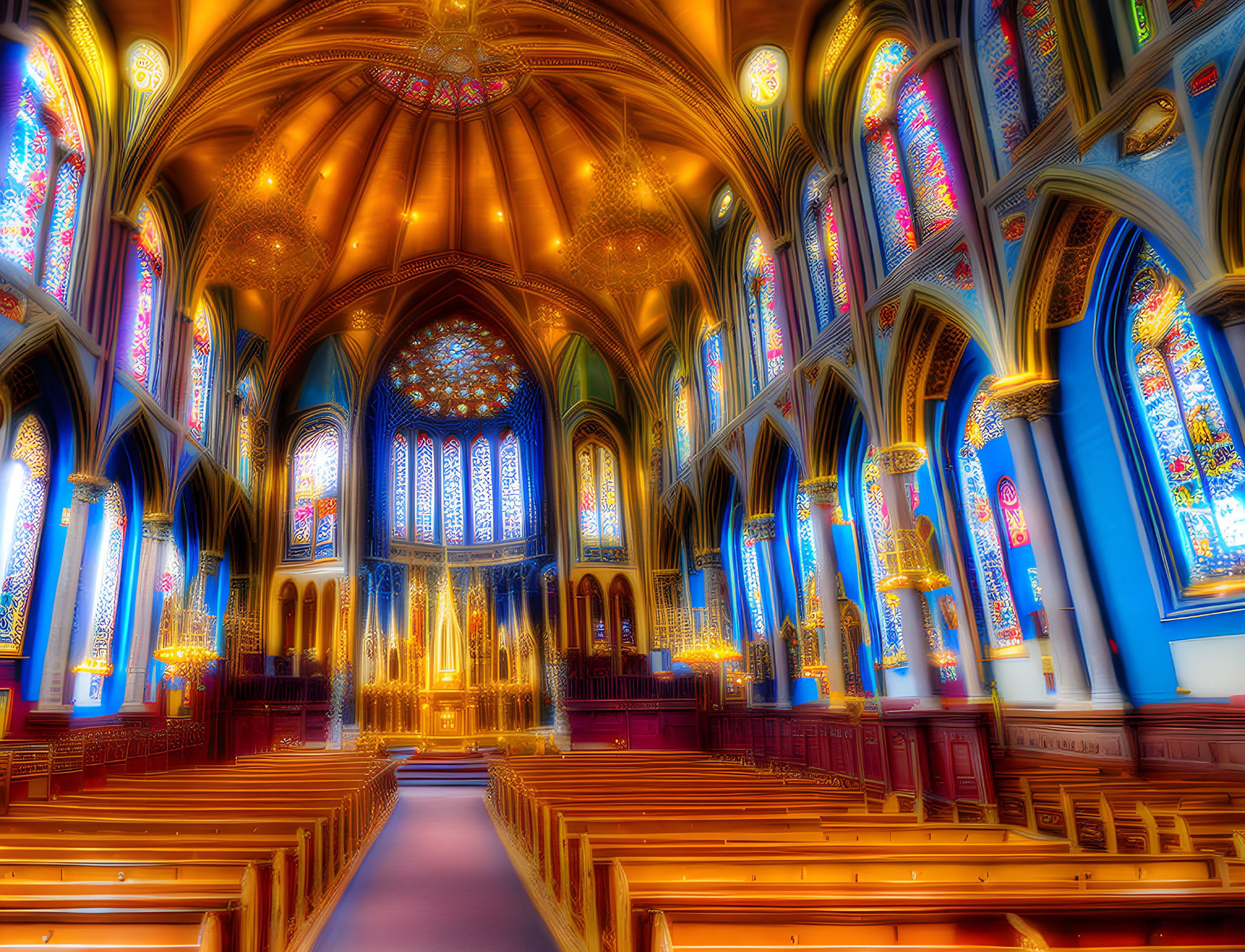 Gothic Cathedral Interior: Stained Glass, Arched Ceilings, Wooden Pews