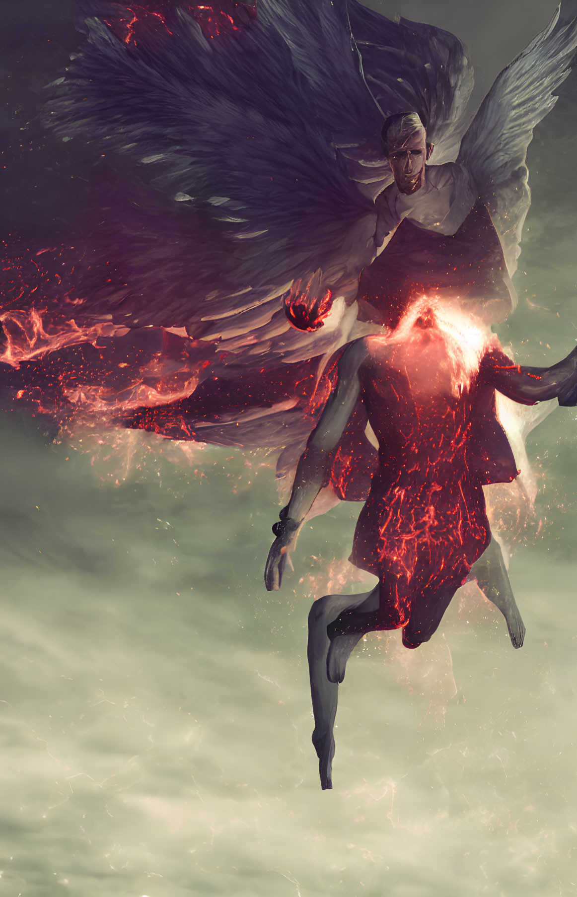 Winged humanoid figure with glowing red accents holding fiery energy source in cloudy backdrop