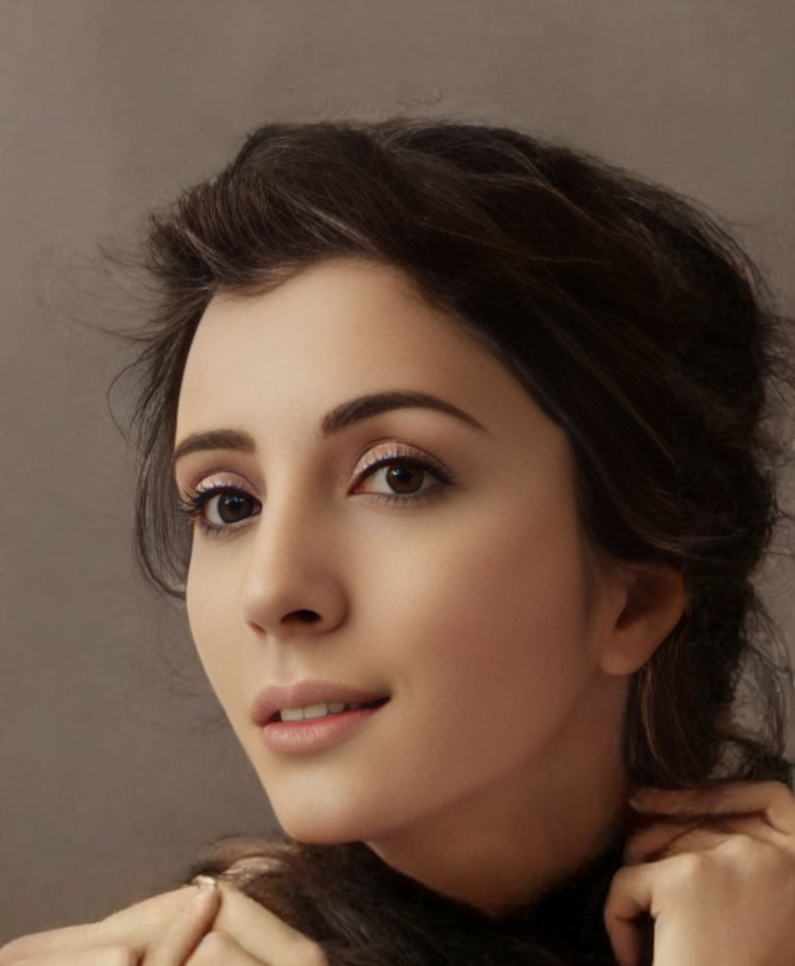 Dark-haired woman with subtle makeup in neutral expression on tan backdrop