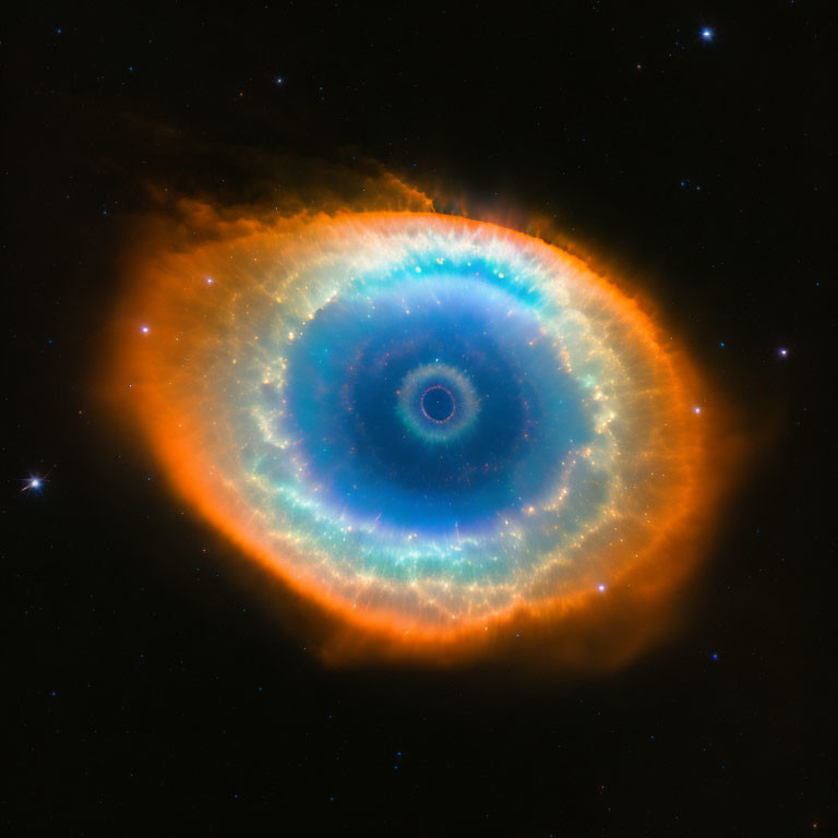 Colorful Ring Nebula with concentric circles in blue, orange, and brown