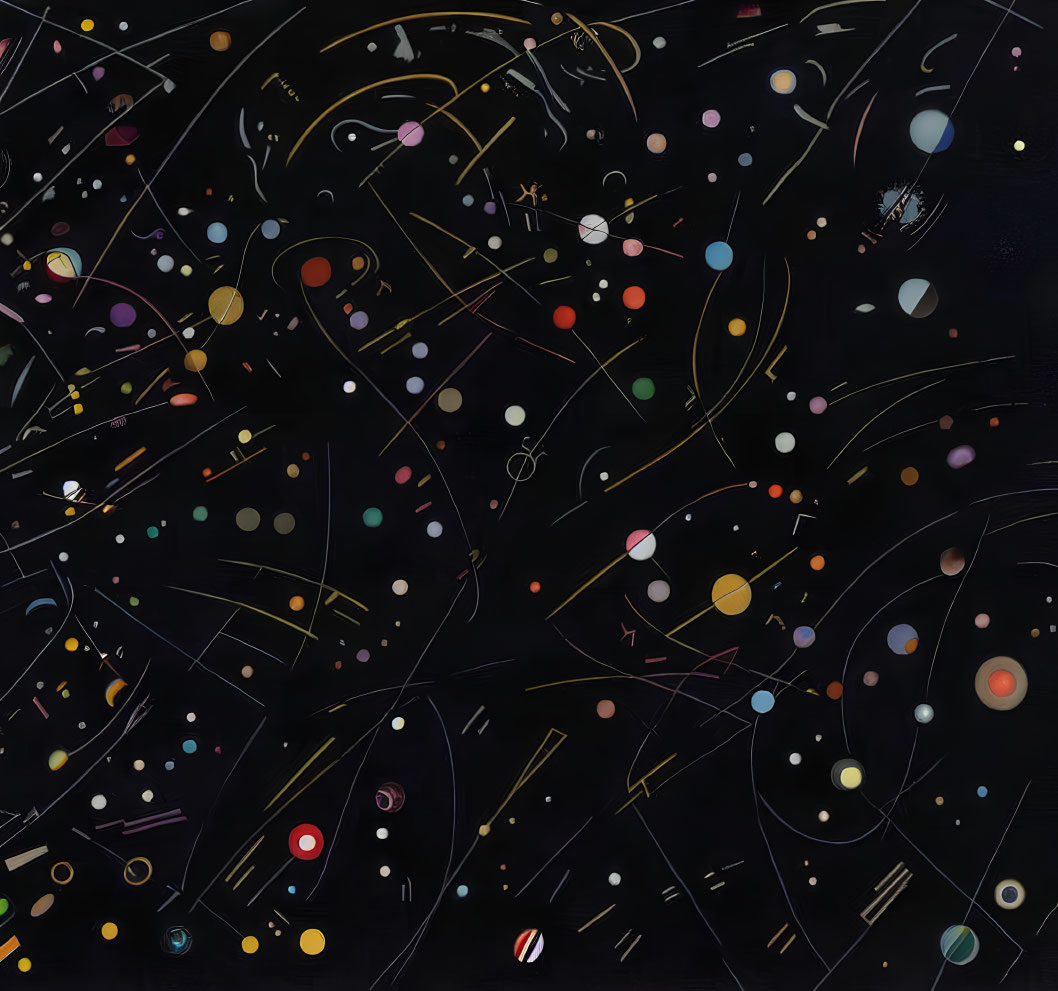 Chaotic Lines and Colored Dots on Dark Background: Abstract Art Resembling Starry Night