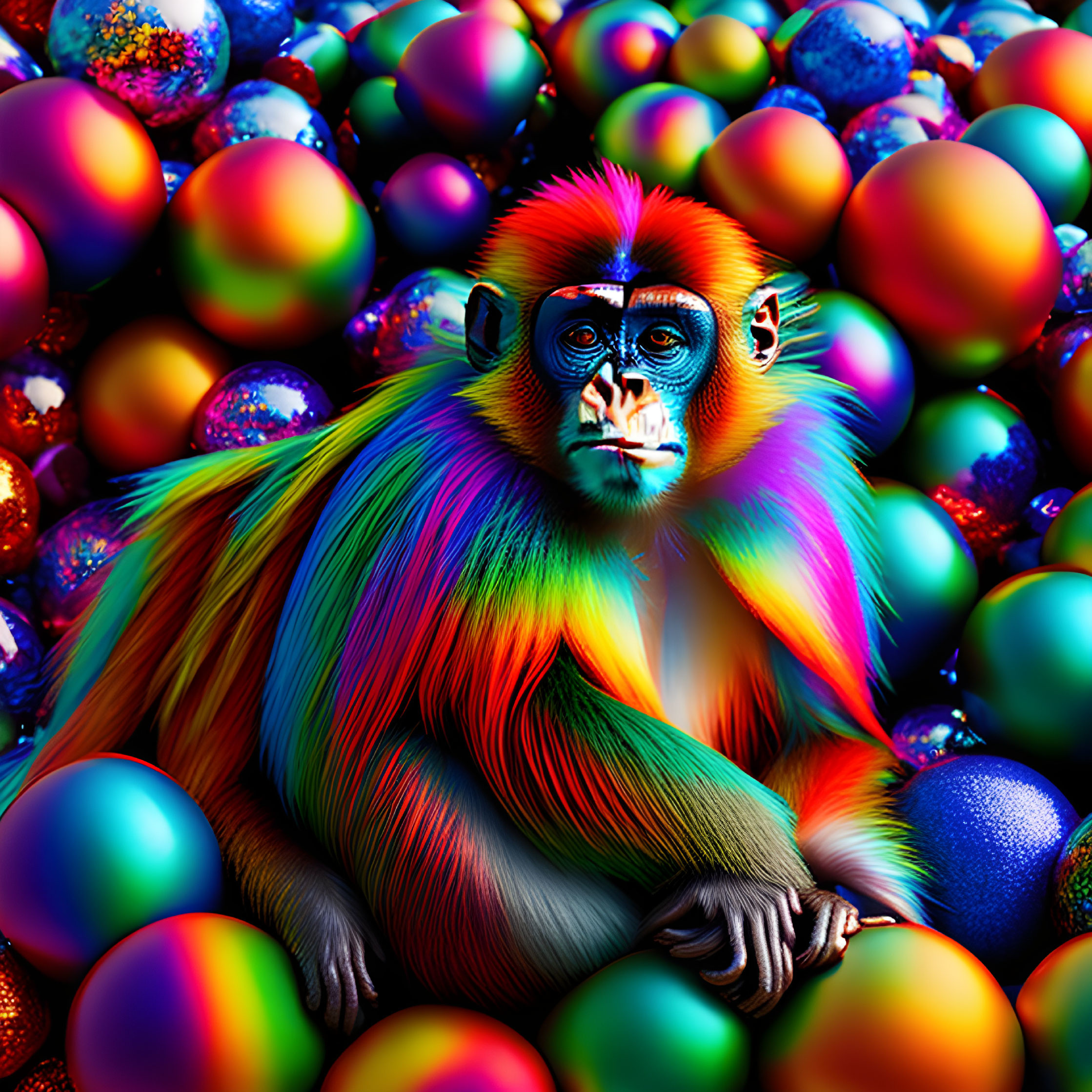 Colorful Mandrill with Multicolored Spheres and Rainbow Fur