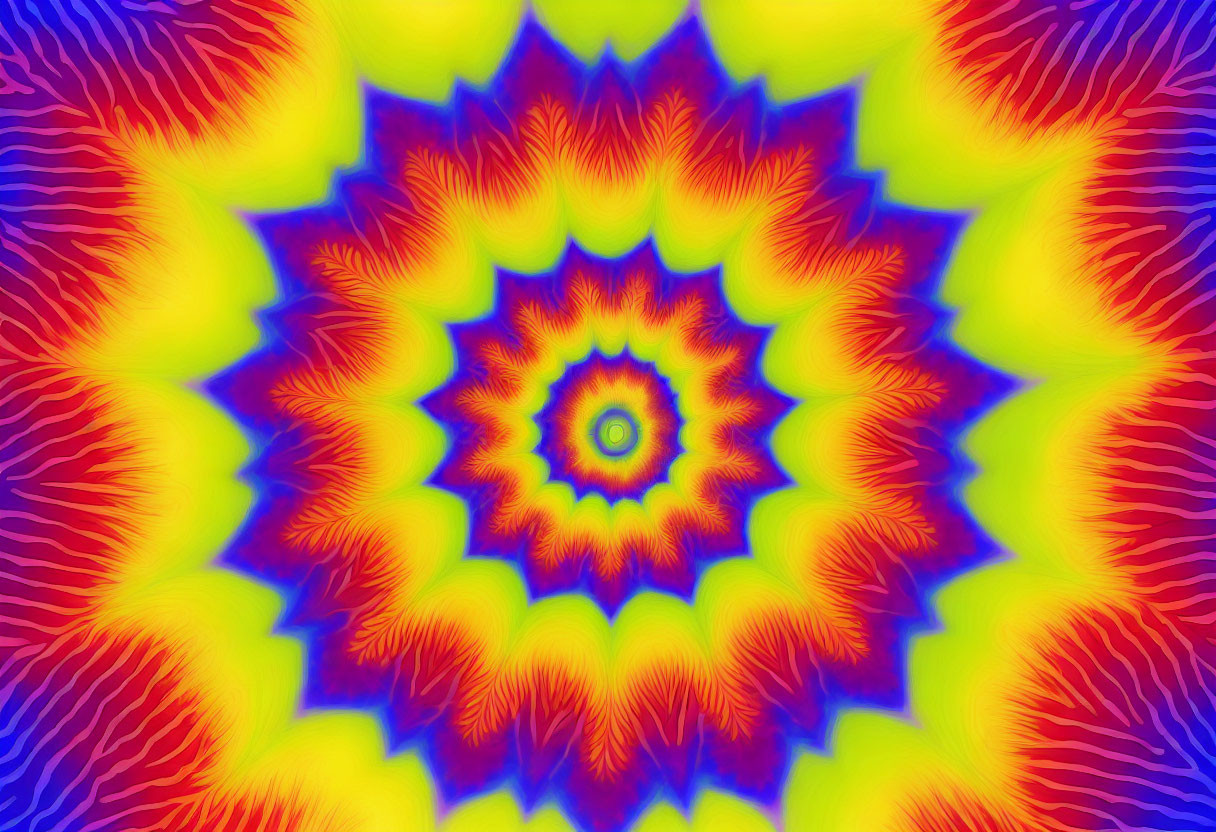 Symmetrical Starburst Pattern in Vibrant Red, Blue, and Yellow