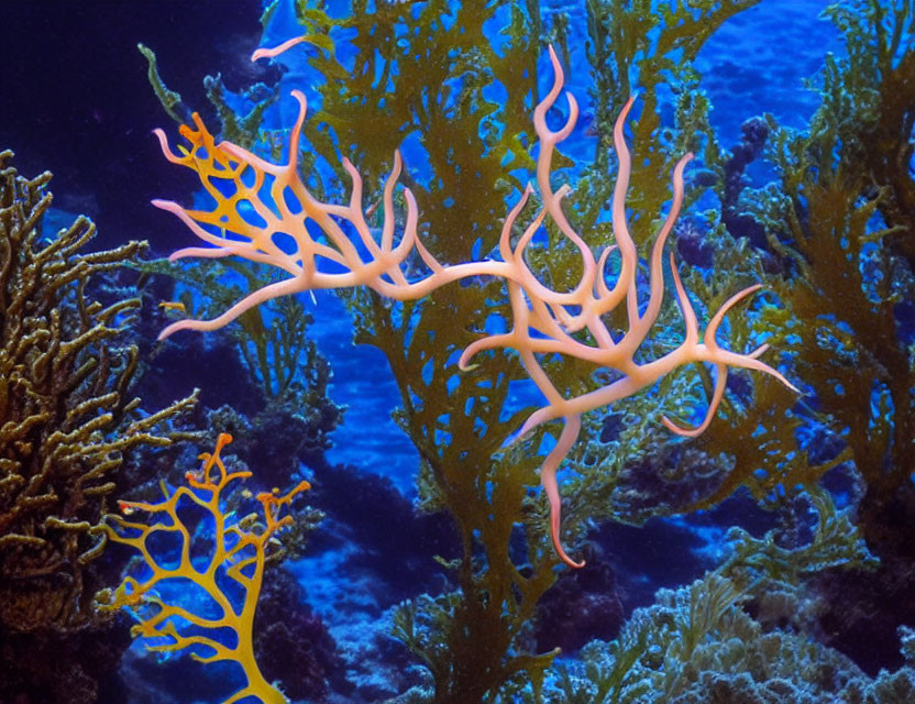 Colorful Underwater Scene: Orange Coral Branches in Deep Blue Ocean