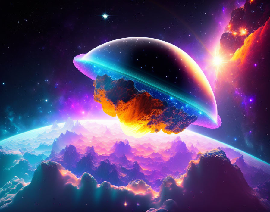 Colorful alien planet with UFO in vibrant cosmic scene