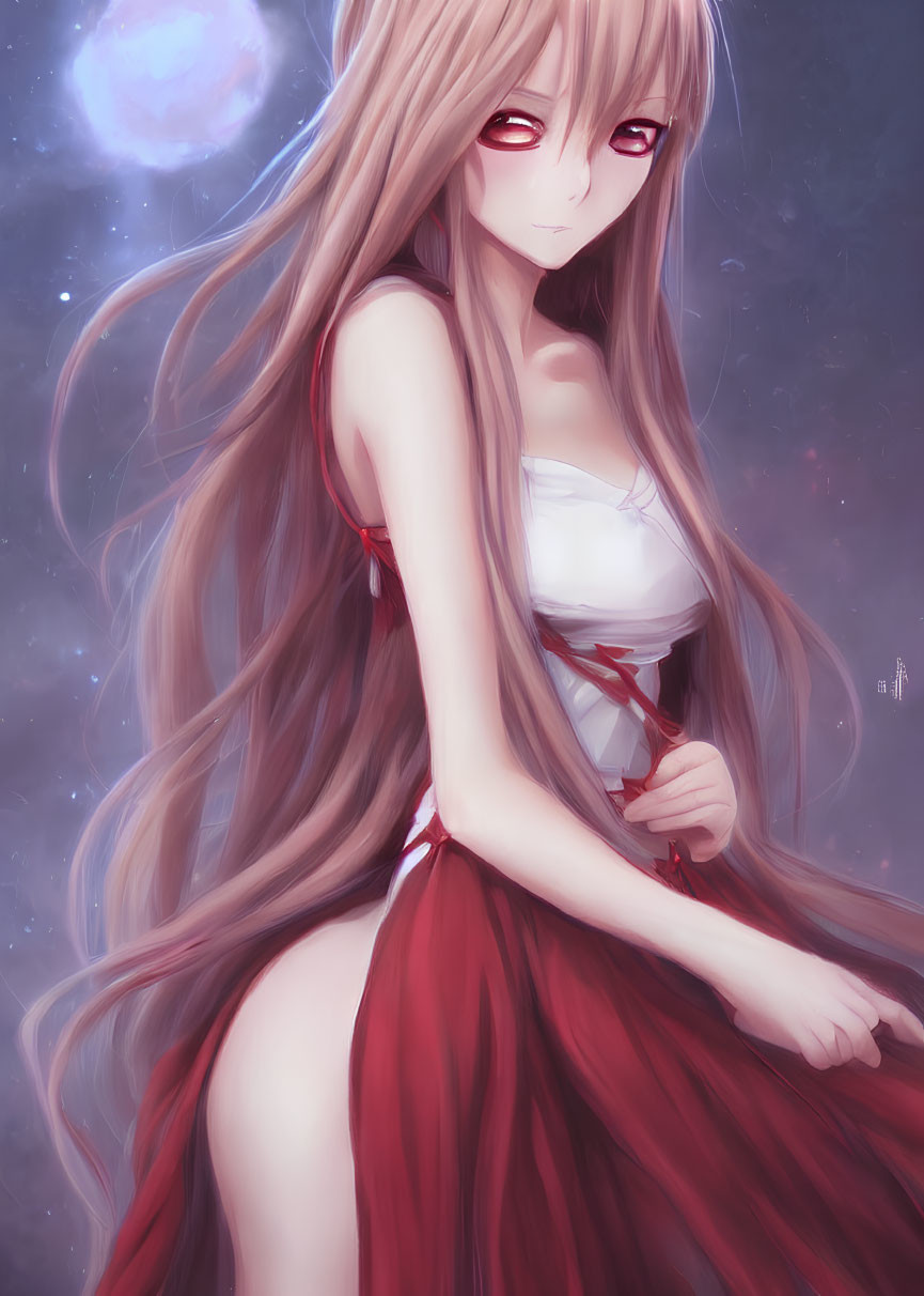 Illustrated female character with long brown hair and red eyes in white dress against cosmic backdrop