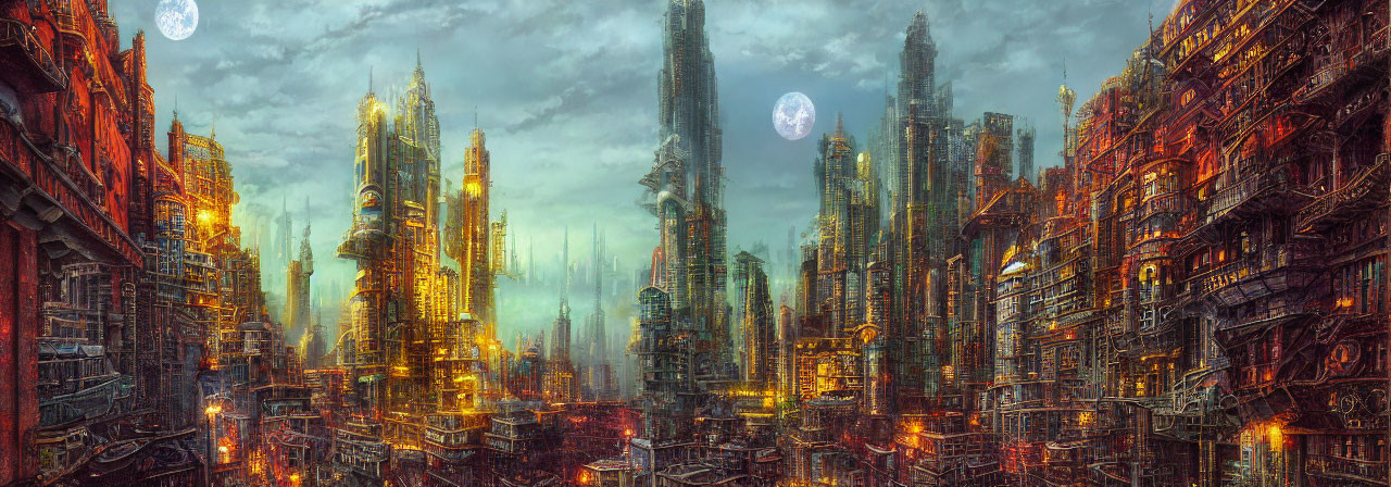 Futuristic cityscape with skyscrapers, luminous buildings, and multiple moons