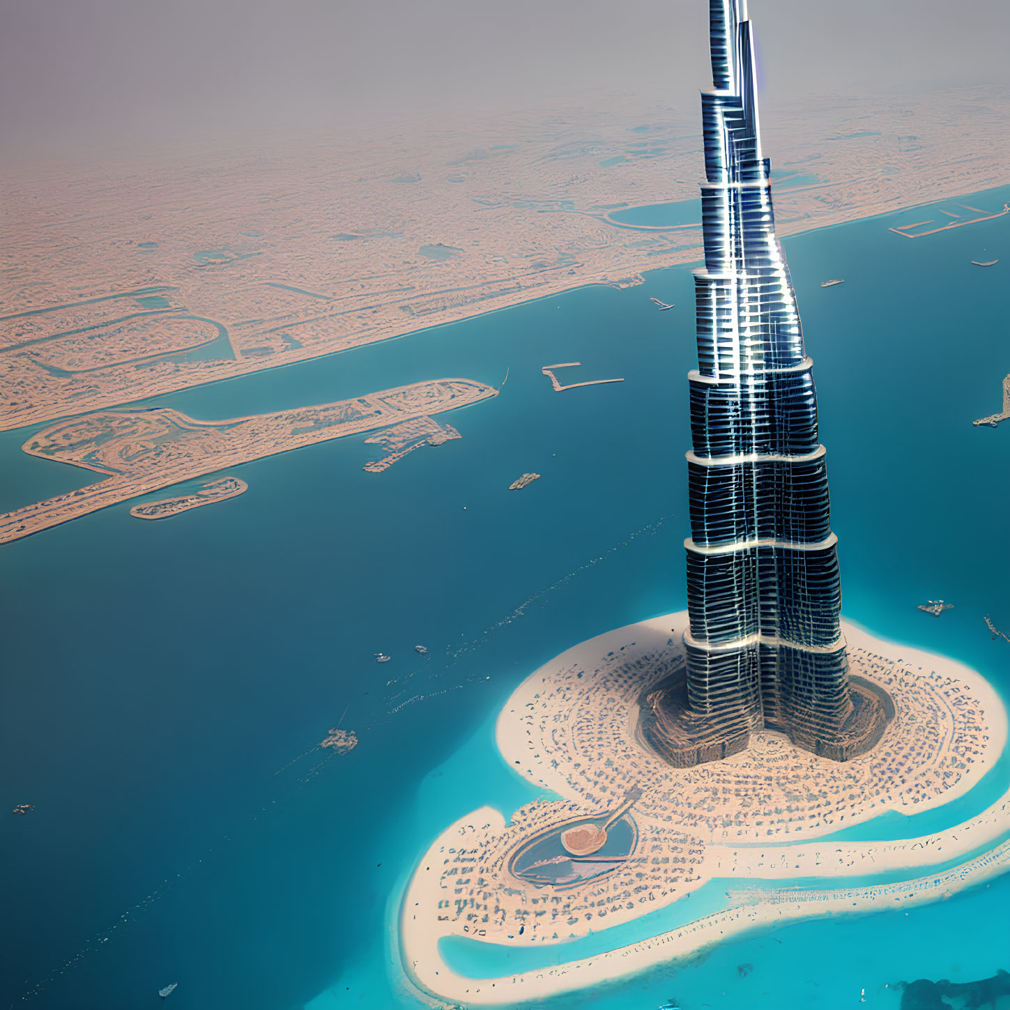 Futuristic skyscraper over artificial archipelago with coastal development.